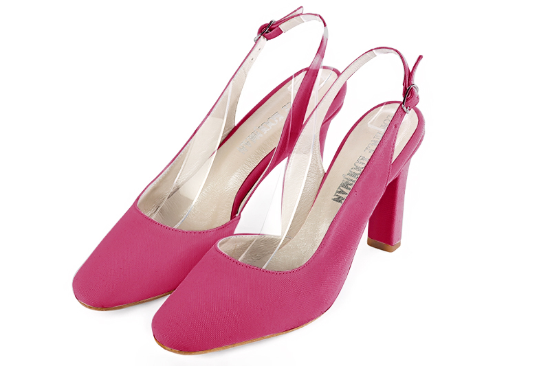 Hot pink women's slingback shoes. Round toe. High kitten heels. Front view - Florence KOOIJMAN